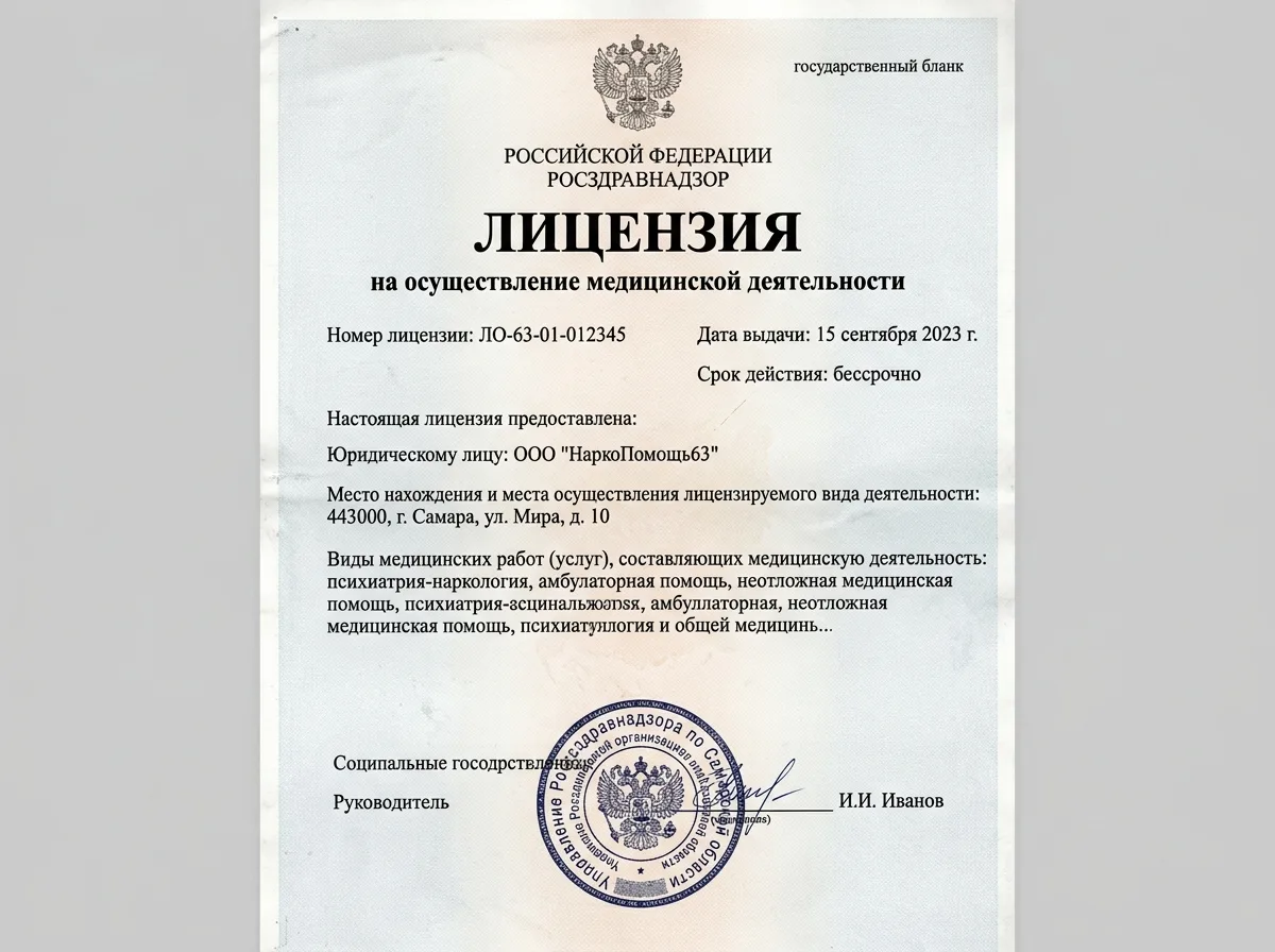 Скан лицензии Росздравнадзора на осуществление медицинской деятельности клиники НаркоПомощь63 в Самаре, официальный документ с печатью
