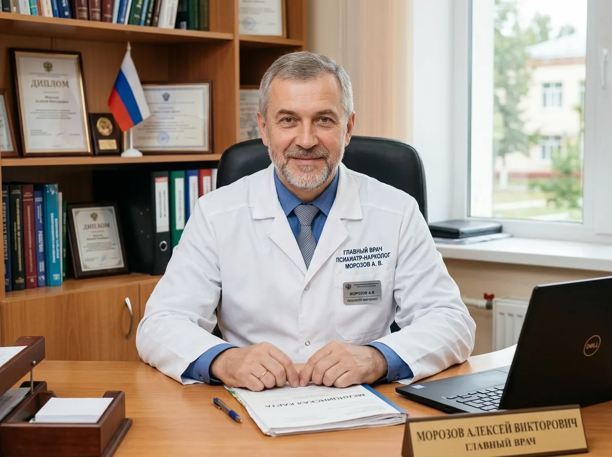 Портрет главного врача психиатра-нарколога Морозова Алексея Викторовича, мужчина средних лет в белом халате, профессиональная медицинская среда